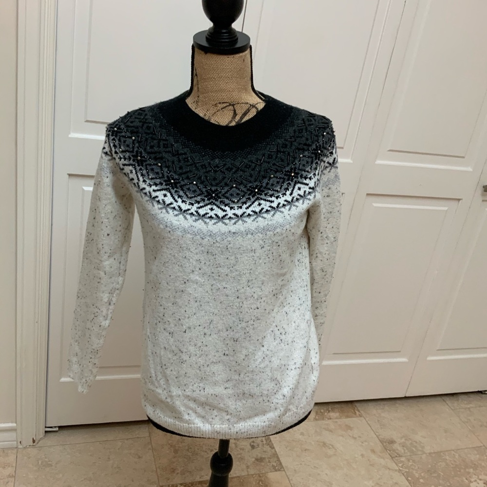 Talbots “ski sweater” in black and silver with paillettes